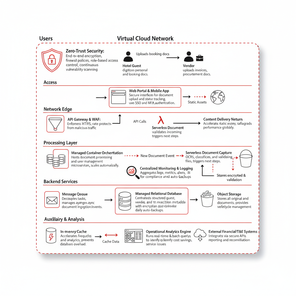 Hospitality sector OCR systems showing Guest Document Capture, Procurement Processing, Centralized Data Management, and Operational Analytics.
